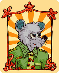 cartoon illustration of mouse in general uniform framed in hand draw ornamental border