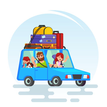 Happy couple car trip father, mother, girl, dog. Family Man Driving, woman with camera. summer vacation, travel. Vector colorful illustration in flat style image