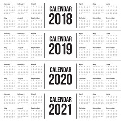 Year 2018 2019 2020 2021 calendar vector