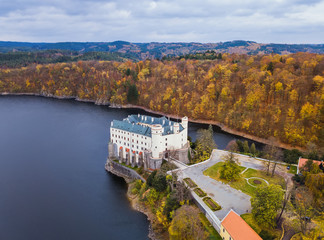 Castle Orlik nad Vltavou in Czech Republic - aerial view - obrazy, fototapety, plakaty