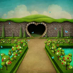 Foto op Aluminium Conceptual fantasy green background with white and red roses and Grand entrance to the Park  © annamei