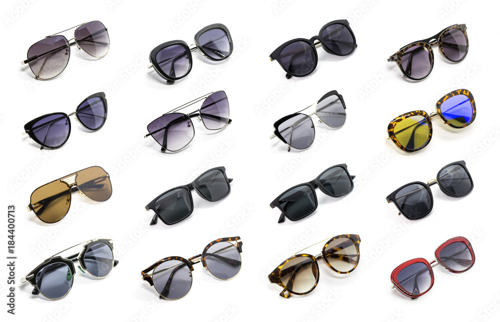 Poster group of beautiful sunglasses isolated on white background. costume fashion.