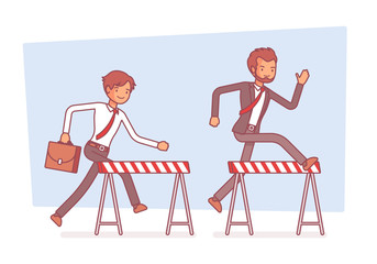 Businessmen running over obstacles