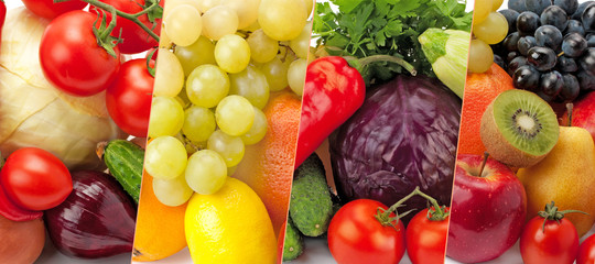 Panoramic collection fresh vegetables and fruits isolated on white .