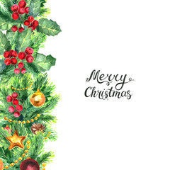 Merry Christmas lettering and border with Mistletoe, cones, balls, stars and berries. Xmas Decoration Garland Watercolor illustration. Greeting card design