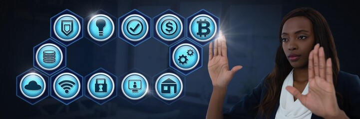Businesswoman touching various business icons