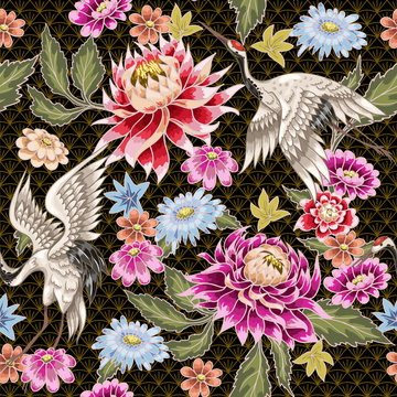 Seamless pattern from painted aster flowers and white cranes. Japanese style. For textile design or printing.