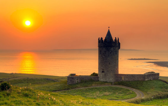 Doonegore castle at sunset in Doolin, Ireland