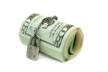 Lock and money isolated on white background