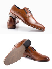 Male brown leather elegant shoe on white background, isolated product, footwear.
