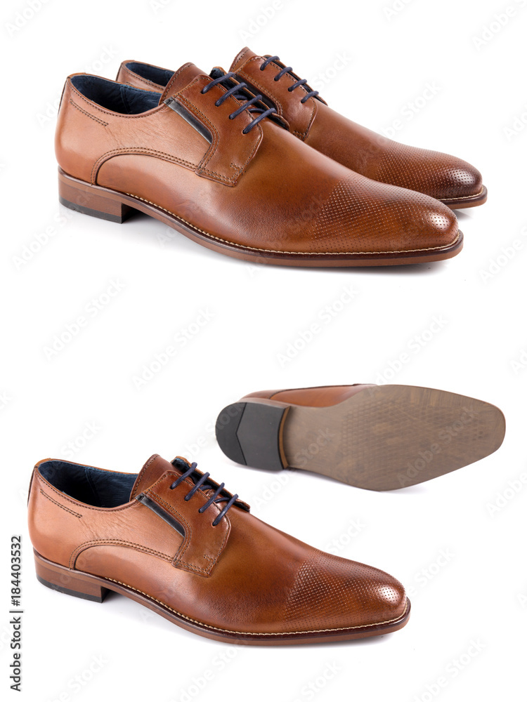 Wall mural Male brown leather elegant shoe on white background, isolated product, footwear.