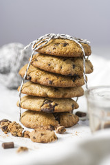 Chocolate chip cookies on a pile, tied up with string. Gourmet conception.