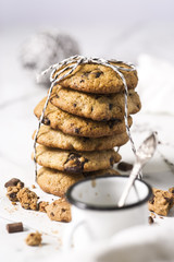 Chocolate chip cookies on a pile, tied up with string. Gourmet conception.