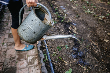 Woman watering the garden in the village.