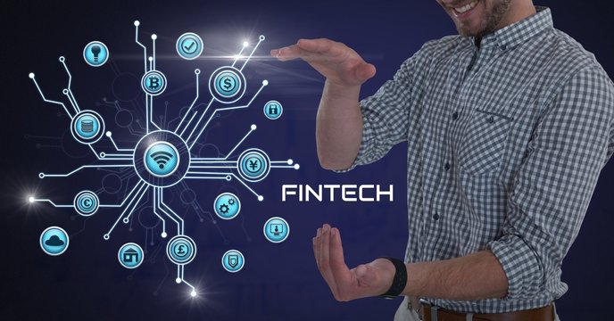 Businessman with hands palm open and Fintech with various