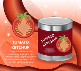 Tomato ketchup, tomato paste in a tin can, 3d realistic style. Canned red sauce. Mock-up for your product design. Vector illustration