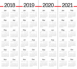 Year 2018 2019 2020 2021 calendar vector
