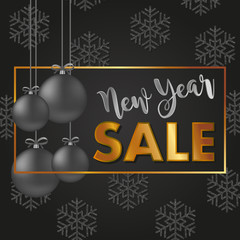 New year sale banner with silver snowflakes and silver balls