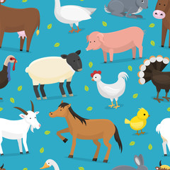 Farm vector animals domestic characters cow, chicken, pig, turkey, chuck, horse and sheep farmer animals set illustration farming seamless pattern background