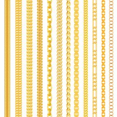 Set of seamless, different gold chains isolated on white background. Vector illustration.