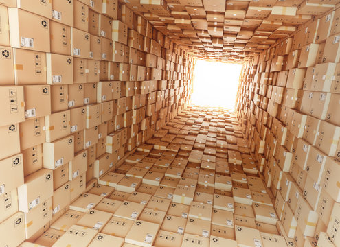 Logistic and distribution warehouse, packages and parcels delivery concept, tunnel from cardboard boxes © Cybrain