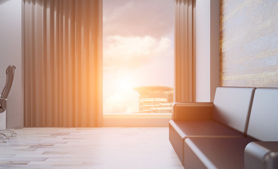 Conference room with wooden table. 3D rendering. Sunset