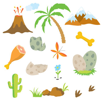 Dinosaur footprint, Volcano, Palm tree, Stones, Bone and Cactus