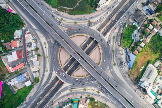 Top view traffic highway circle intersection