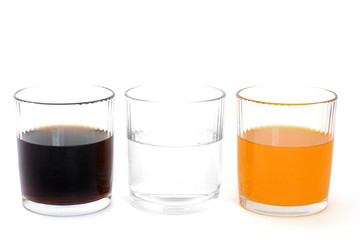 Different drinks in three glasses. Water in a glass on a white background. Drink. Glass