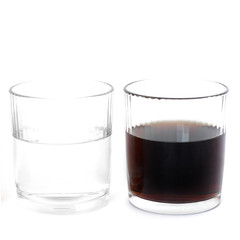 Different drinks in two glasses. Water in a glass on a white background. Drink. Glass