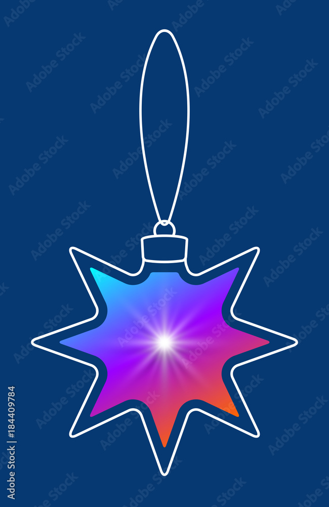 Poster Vector hanging abstract colorful Christmas ball on a string consisting of multicolored gradient & snowflake, star on blue background
