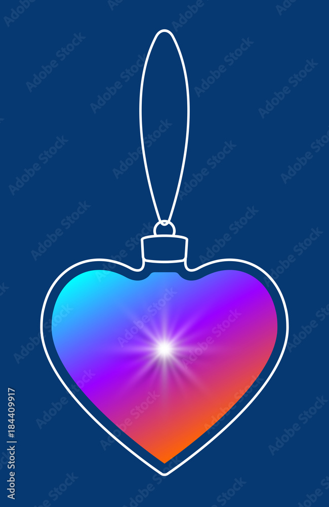 Poster Vector hanging abstract colorful Christmas ball on a string consisting of multicolored gradient & snowflake, star on blue background