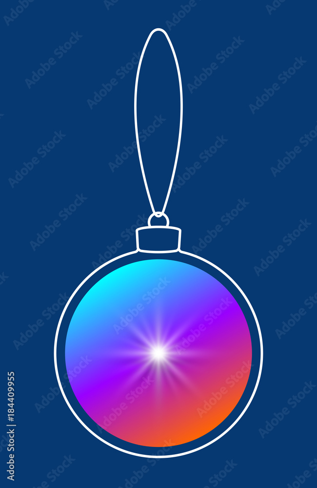 Poster Vector hanging abstract colorful Christmas ball on a string consisting of multicolored gradient & snowflake, star on blue background