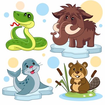 A set of cartoon illustrations for children. The image of a snake, a mammoth, a seal on an ice floe and a beaver in reeds.