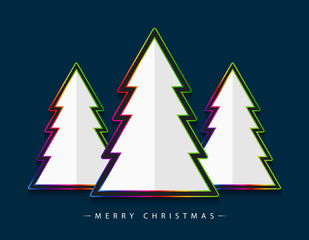 Fototapeta na wymiar Merry Christmas! Vector abstract colorful geometric white Christmas trees consisting of multicolor outline on dark blue background.