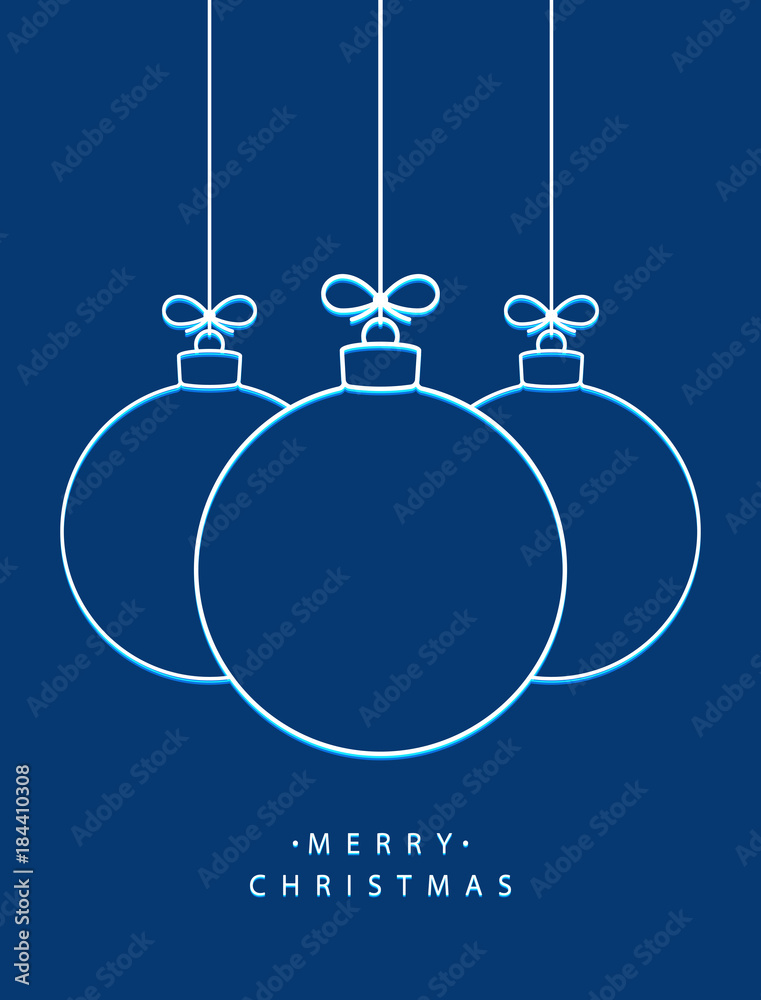 Poster merry christmas! vector hanging abstract line christmas balls on a string with a bow on a blue backg