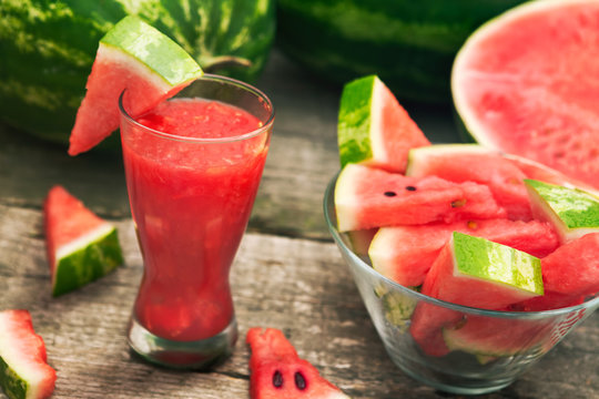 Watermelon smoothie and watermelon in bowl