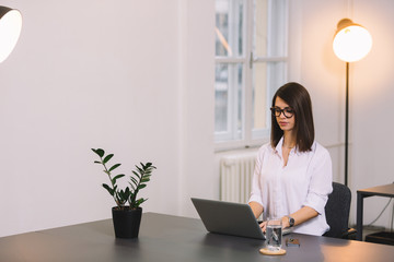 Serious business woman working on laptop at office. Businesswoman typing something on computer, sitting at her working place, copy space