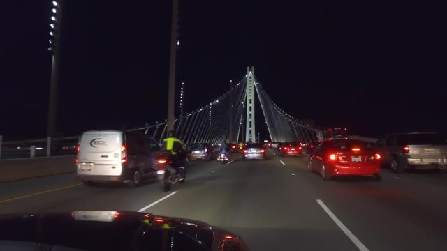 night POV driving across new section of Oakland Bay Bridge
