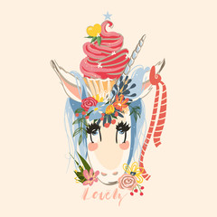Cute hand drawn unicorn with flowers wreath and beautiful cupcake. Flower bouquet and ribbon. Sketchy unicorn illustration