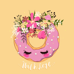 Cute hand drawn donut (doughnut) dreaming with flowers wreath, sugar pearls and stars. Shy donut character, beatiful sketch. Print, poster, romantic greeting card