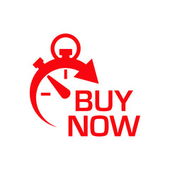 Icono plano cronometro con BUY NOW rojo en fondo blanco