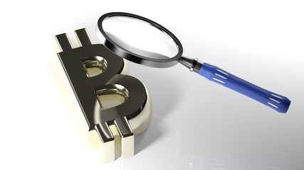 Magnifier on golden Bitcoin symbol - 3D rendering