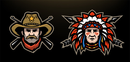 Head of cowboy and Indian on a dark background.