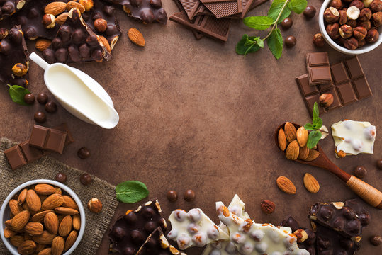 Dark chocolate pieces with nuts and almond