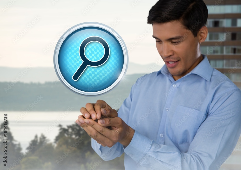 Poster Magnifying glass search icon and Businessman with hands palm