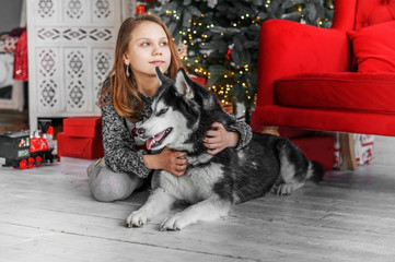 Child girl with a dog near a Christmas tree.