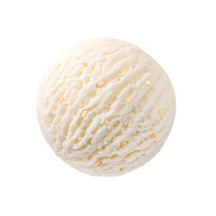 Creamy vanilla ice cream scoop with almond pieces, White chocolate milk ice-cream ball with almonds...