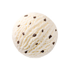 Creamy vanilla ice cream scoop with chocolate pieces, white chocolate milk ice-cream ball with chocolate