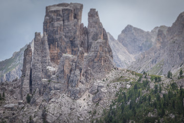 Awesome morphology tilt shift effect of Cinque Torri Peaks, Dolomites, Italy